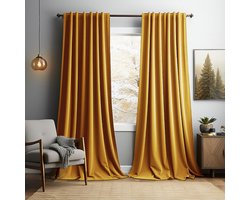 Gordijnen Blackout - Gordijnen - Gordijnen Kant en Klaar 2 Stuks - Fluwelen Gordijnen - Warmtewerend Gordijn - Geschikt Voor Woonkamer Slaapkamer - B 132 x H 213cm - Oranjegeel