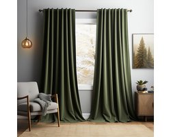 Gordijnen Blackout - Gordijnen - Gordijnen Kant en Klaar 2 Stuks - Fluwelen Gordijnen - Warmtewerend Gordijn - Geschikt Voor Woonkamer Slaapkamer - B 132 x H 305cm - Olijfgroen
