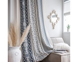 Gordijnen, boho, ondoorzichtig, linnen, katoen, geometrisch halftransparante gordijnen met kwastjes, set van 2, landhuisstijl, vintage gordijnen voor woonkamer, slaapkamer, gordijnen, 150 x 160 cm, lichtblauw