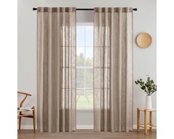 Gordijnen met lussen, voile, gordijn, modern, linnenlook, half-transparant, voor woonkamer, slaapkamer, kinderkamer, schuifgordijn, set van 2, Stores, donkerbruin, 175 x 140 cm