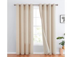 Gordijnen met strepen, grijs op beige, 2 stuks, 130 x 225 cm, semi-transparant, modern linneneffect voor slaapkamer of woonkamer