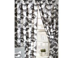 Gordijnen (set van 2 stuks) “camouflage grijs” kant-en-klaar 137 cm hoog en 168 cm breed, met legerpatroon / legerkleuren army in lichtgrijs – antraciet – wit (jongens slaapkamer / stoere kinderkamer)