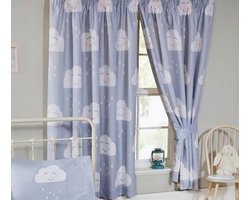 Gordijnen (set van 2 stuks) grijs met wolkjes met gezichtje, kant-en-klaar 183 cm hoog en 168 cm breed, voor de kinderkamer / baby slaapkamer