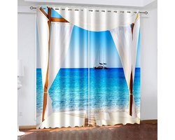 Gordijnen Slaapkamer - Vitrage Panel - Decoratie Thuis - Zeeschip en Strandkorven Patroon - 160 x 102 cm (2 stuks)