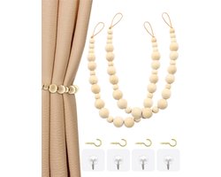 Gordijnhouder - 2 Stuks Gordijn Embrasse - 53 cm Lang - Gordijnbinders - Gordijn Embrasse Haak - Natuurlijke Houten Kralen Gordijn Tie - met 4 Haken - voor Thuis, Kantoor, Hotel, Winkel Decoratieve - Beige