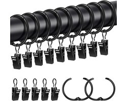Gordijnringen met Clips - 20 Stuks - Metaal - Zwart - 32 mm Binnendiameter - voor Gordijnroedes tot 28 mm