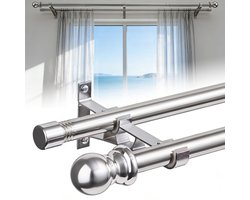 gordijnroedes, 2,5 cm dikke dubbele vensterstangen, 76–330 cm verstelbare gordijnroedes voor glazen schuifdeuren, terrassen, slaapkamers, zilver