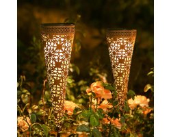 Görvitor Metalen zonnelampen voor in de tuin - 2 stuks lampen op zonne-energie - tuindecoratie - led-tuinverlichting - warmwit - IP65 waterdicht - balkon bloembakken gazon weg - Kerstmis tuinverlichting op zonneenergie