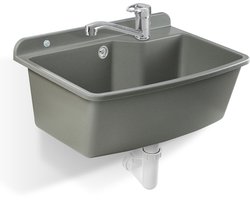 GOSPO Gootsteen met staande kraan, wastafel 61 cm x 44 cm x 23,5 cm, waskom met overloop en sifon, spoelbak incl. accessoires, wasruimte (grijs)