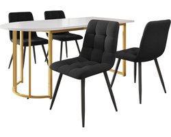Gotagee Eetkamerset (5-delig) 139x80cm eettafel met 4 stoelen set marmer patroon keukentafel zwarte fluwelen stoel goudkleurige eettafel ijzeren poten