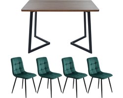 Gotagee Eetset (5-delig) Eettafel met 4 stoelen Keukentafel set met zwarte metalen poten MDF tafelblad in walnootkleur Donkergroen Fluweel Eetkamerstoelen