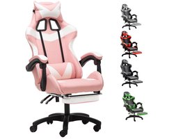 GOTAGEE Gamingstoel Bureaustoel Ergonomische Gamestoel Met Lendensteun un voetpedalen Hoogte en Ligfunctie Wit-Roze