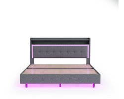 Gotagee Gestoffeerd bed 140x200, met USB-aansluiting en LED-verlichting, bed kan aan het hoofdeinde worden geplaatst, verborgen voeteneinde, tweepersoonsbed, linnen stof grijs