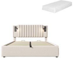 Gotagee Gestoffeerd bed 140x200cm tweepersoonsbed (met matras) katoen beige opbergbed met leeslampje en USB-oplaadfunctie rugleuning met klinknagelontwerp