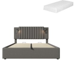 Gotagee Gestoffeerd bed 140x200cm tweepersoonsbed (met matras) katoen grijs opbergbed met leeslampje en USB-oplaadfunctie rugleuning met klinknagelontwerp