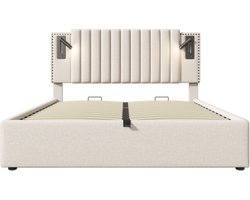 Gotagee Gestoffeerd bed 160x200cm tweepersoonsbed (zonder matras) katoen beige opbergbed met leeslampje en USB-oplaadfunctie klinknageldesign met lattenbodem