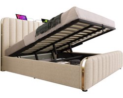 Gotagee Gestoffeerd bed 180x200cm tweepersoonsbed (zonder matras) Beige linnen Hydraulisch opbergbed Met gouden sierstrepen Met USB Type-C oplaadfunctie
