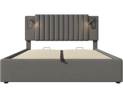 Gotagee Gestoffeerd bed 180x200cm tweepersoonsbed (zonder matras) katoen grijsopbergbed met leeslampje en USB-oplaadfunctie klinknageldesign met lattenbodem