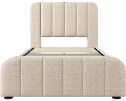 Gotagee Gestoffeerd bed 90x200cm eenpersoonsbed (zonder matras) jeugdbed beige linnen met gouden sierstrepen en USB Type-C oplaadfunctie met 4 lades