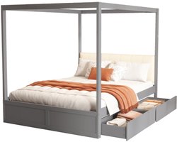 Gotagee Hemelbed 140x200 cm met grote lades en zachte rugleuning, houten bed grijs,zonder Matras