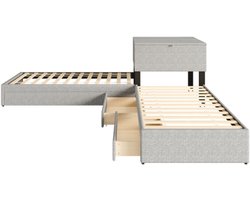 Gotagee Hoekbed, twee eenpersoonsbedden met uitschuifbaar bed, gestoffeerd bed, functioneel bed met opbergruimte, met opbergkast, met opberglade, met uitschuifbaar bed, 90x200 cm, zonder matras, linnen, grijs