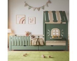 Gotagee Kinderbed 90x200cm, huisbed met dak en raam, met houten vensterbank, vierzijdige omheining, met 2 lades, grenen + MDF, groen + naturel