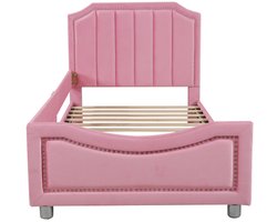 Gotagee Kinderbed gestoffeerd bed 90x200cm slaapbank bedframe flanel multifunctioneel zacht bed met rugleuning armleuning ouder-kind bed jeugdbed logeerbed roze