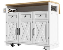 Gotagee Modern keukeneiland (118×43-80×98cm) keukenkast eetkamerkast met houtnerf eetwagen met wielen, met multifunctionele opbergruimte, verwijderbare verdelers, met handdoekhouder, wit