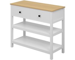 Gotagee Retro consoletafel, smalle houten consoletafel, consoletafel met lades en open planken voor hal, entree en woonkamer, wit + naturel
