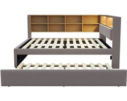 Gotagee Slaapbank 140x200cm, uitschuifbaar bed 90x190cm, voorzien van LED-verlichting, stopcontacten en veel opbergvakken, gestoffeerd bed, multifunctionele slaapbank, eenpersoonsbed, flanel, donkergrijs.