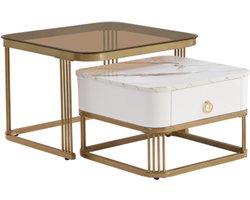 Gotagee Stapelbare salontafel: hoogglans marmerlook en theebruin glazen blad, gouden poten, bijzettafel met lades