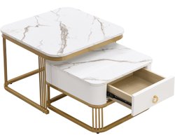 Gotagee Stapelbare salontafel: Hoogglans marmerlook, gouden accenten, bijzettafel met lades. tweedelige set