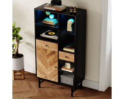 Gotagee Vitrinekast, vitrinekast met 12-kleurige LED-lichtstrip, keukenkast met laden en glazen planken, driehoekige houtnerf