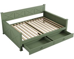 Gotagee Vlak bed, 90x200cm, bed met lattenbodem (zonder matras), 2 lades, minimalistisch, grenenhout, houten bed, groen