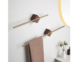 Goud Handdoekrek met Walnoothout - Roestvrij Staal - Zelfklevend Zonder Boren - Waterdicht Handdoekhouder voor Badkamer & Keuken - Stijlvolle Design Handdoekenrek met Hout- 60 cm - Handdoekstang & Handdoekhouder voor Muurmontage