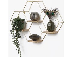 Goud metalen wandrek industrieel met 4 houten plankjes - Vierdubbel zeshoekig - 40,5x58 cm