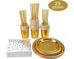 Goud Verjaardag Wegwerp Servies Set - Party Servies - Borden en Bekers Feestartikelen - 25 Gasten - Feestservies
