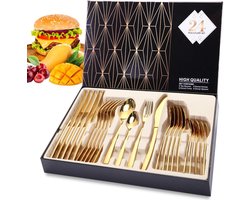 Gouden 24-delige bestekset, roestvrijstalen bestekset voor 6 personen, mes- en vorkset, servies, vaatwasmachinebestendig (handwas aanbevolen) bestekset