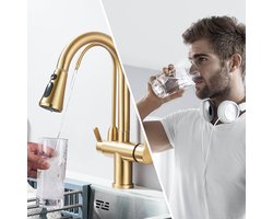 Gouden 3-in-1 Keukenkraan met Drinkwaterfunctie & Uittrekbare Douche - Mat Goud, 3 Wegs Waterkraan 360° Draaibaar