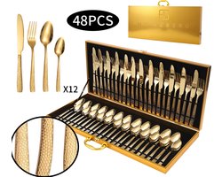 Gouden 48 Delig Gegraveerde Bestek set - 12 Persoons - Gouden bestek set - Mes Vork Lepel - Vaatwas bestendig - Tafelbestek - GLANS - Goud