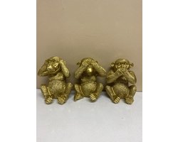 Gouden apen " horen, zien & zwijgen" beeldjes - goud - set van 3 - 13 cm hoog - polyresin - decoratief