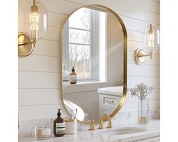 Gouden Badkamerspiegel Wandspiegel 60 x 90 cm Metaal Ovalen Decoratieve Spiegel voor Slaapkamer Woonkamer Entree