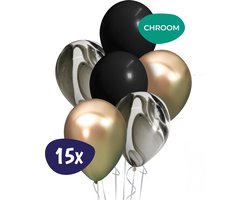 Gouden Ballonnen - 15 Stuks - Mix - Pastel & Marmer Zwart, Glossy Goud - Helium Ballonnen - Chrome - Latex - Verjaardag Versiering - Feest Versiering