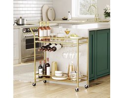 Gouden Barwagen voor Thuis – Tweeledige Keukentrolley met Wijnrek en Glashouder, Mobiele Serveerwagen met Veiligheidsrails