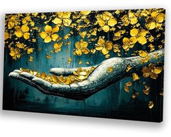 Gouden bloemen in hand - Goud schilderij - Canvas schilderij hand - Surrealistisch - Woonkamer decoratie industrieel - Slaapkamer accessoires - canvas 150x100 cm