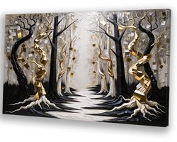 Gouden bomen in abstract kunstwerk - Bomen wanddecoratie - Muurkunst natuur - Surrealisme - Landelijk schilderij - Woonaccessoires - canvas 60x40 cm