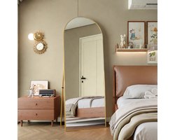 Gouden Boogvormige Staande Spiegel 162x53 cm – Aluminium Frame met Gehard Glas, Volledige Lichaamsspiegel & Make-up Spiegel voor Slaapkamer of Hal