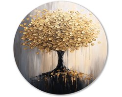 Gouden boom met munten bladeren - Geldboom rond schilderij - Wandobject rond boom - Zwart wit - Forex muurkunst rond - Abstracte schilderijen - muurcirkel forex 40x40 cm