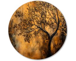 Gouden boom op abstract doek - Boom wandcirkel - Wandpaneel natuur - Abstract expressionisme - Ronde Forex prints - Scandinavische muurdecoratie - Muurcirkel forex 50x50 cm