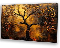 Gouden boom op donkere achtergrond - Boom canvas schilderij - Wandkunst bladeren - Abstract expressionisme - Decoratie voor thuis - Woonaccessoires - Canvas 70x50 cm